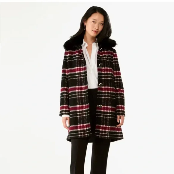 NWT Kate Spade Top Collar Fur Plaid Wool Coat - Picture 7 of 7